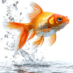 A bright goldfish leaps from the water droplets suspended mid-air against a clean white background.