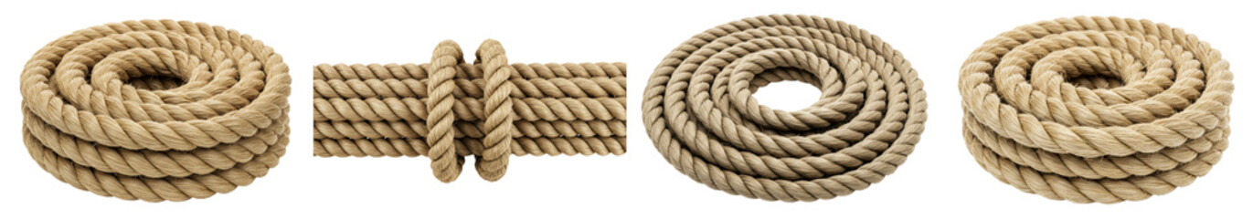 Coiled Rope Textures and Knot - Close-up of beige rope coils, showing texture and a tied knot. Ideal for nautical, construction, or rustic themes