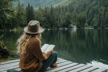Person writing in a journal at a peaceful lakeside