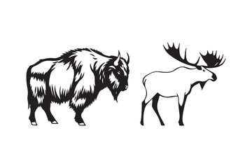 Bison and Moose Silhouette Vector Illustration Wildlife Art 