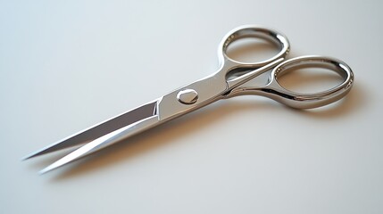 Fototapeta premium A pair of sharp stainless steel scissors, their gleaming blades reflecting the light, lay poised on a pristine, white surface, ready to embark on a creative journey, slicing through various materials