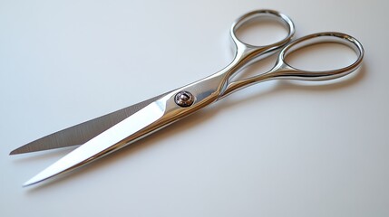 Obraz premium A pair of sharp stainless steel scissors, their gleaming blades reflecting the light, lay poised on a pristine, white surface, ready to embark on a creative journey, slicing through various materials
