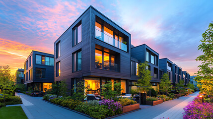 Modern cube-shaped houses line a walkway with vibrant flowers illuminated by warm interior lights and a colorful sunset.