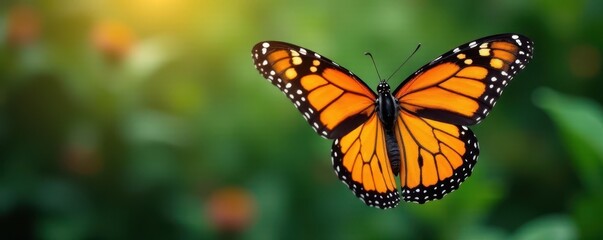 Naklejka premium Graceful monarch butterfly in flight, wings spread wide, vibrant, fluttering