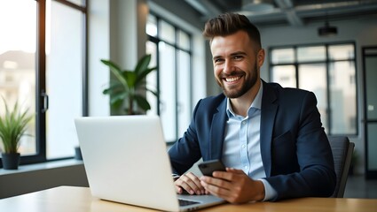 Fototapeta premium successful businessman in a modern office space smiling while checking his smartphone staying updated on professional communication and efficiently managing corporate tasks and meetings 