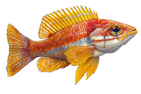 Detailed illustration of a colorful fish featuring red orange and yellow hues with intricate scale and fin details.