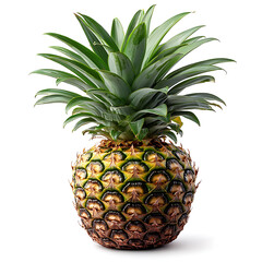 Fototapeta premium A ripe pineapple with vibrant green leaves sits against a stark white background showcasing its textured surface and fresh appearance.