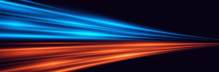 High speed effect. Laser beams, horizontal rays. Bright neon blue and orange light stripes. EPS 10 vector.