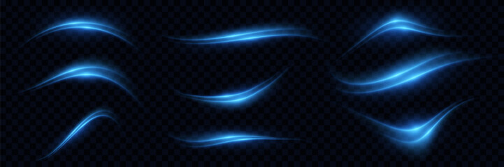 Glowing blue speed lines. Neon motion speed curve. Vector illustration.