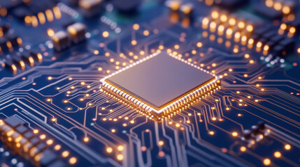 Obraz premium Close up of a glowing microchip on a printed circuit board showcasing advanced technology and innovation