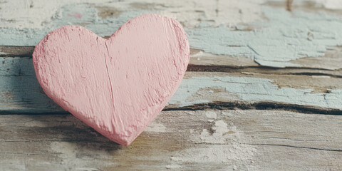 Fototapeta premium Rustic pink heart on weathered wooden surface in vintage style design concept