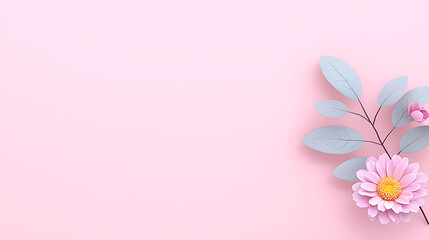 Delicate pink daisy with soft blue-green leaves arranged gracefully on a pastel pink background creating a calm floral scene.
