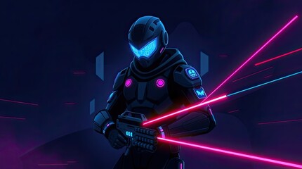 An armored character stands confidently in a dark digital environment holding a laser weapon surrounded by neon pink and blue lights