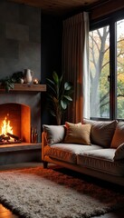 Warm fireplace glows, plush sofa beckons, soft rug underfoot , pillows, soft