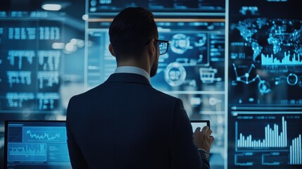 Businessman Analyzing Data on Large Screens