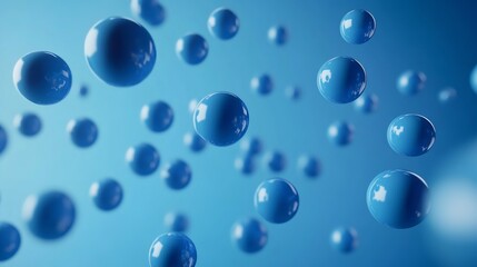 A Serene Dance Of Vibrant Blue Spheres Floating Gracefully In A Tranquil Azure Sky, A Captivating Visual Symphony Of Smooth, Glossy Surfaces