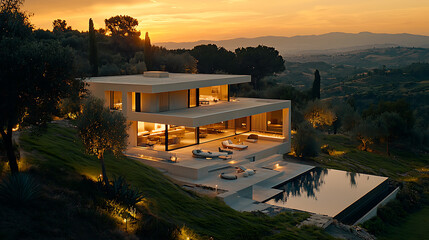 Modern hillside villa with infinity pool reflecting sunset colors and overlooking a scenic valley.