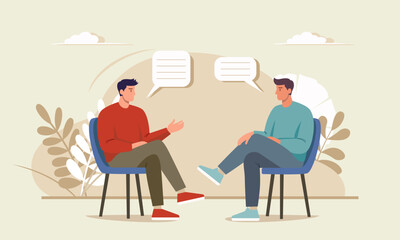 Men discussing, talking, debating, giving interview. Two men sitting in chairs opposite each other, speech bubbles. Flat design vector illustration