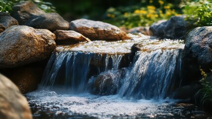 Fototapeta premium Serene waterfall cascading over smooth stones in a lush green garden with vibrant flowers