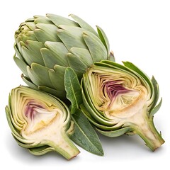 Obraz premium Realistic whole and sliced artichoke with detailed texture and fresh green leaves, isolated on transparent background