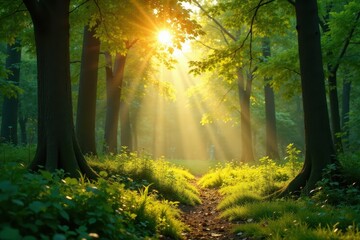 Fototapeta premium Golden sunlight filters through lush green summer forest, photography, serene