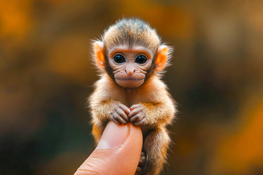 A tiny monkey sitting on a human finger. Her tiny hands are folded in front of her.