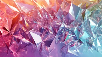 Geometric abstract background featuring multifaceted crystal-like shapes with iridescent color gradients.