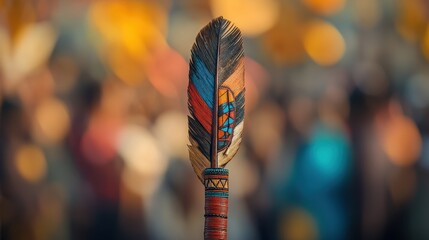 A vibrant, handcrafted arrow, adorned with intricate tribal motifs and feathers, stood proudly against the backdrop of a vibrant, colorful cultural festival, its journey symbolizing the spirit of