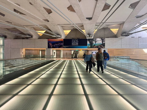 Dulles, Virginia - February 22, 2025: Inside a walkway at the Washington Dulles International Airport IAD