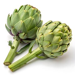 Obraz premium Two fresh green artichokes with layered leaves and thick stems, isolated on transparent background