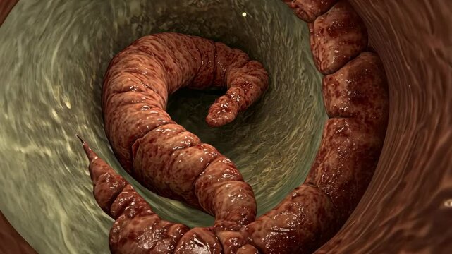Detailed view of a large intestinal worm in a human digestive system during a medical demonstration