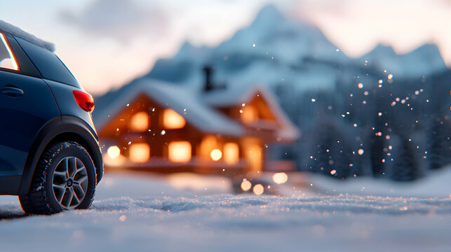 Dark Blue Car Parked Near a Cozy Wooden Cabin in Snowy Mountains at Sunset - Powered by Adobe