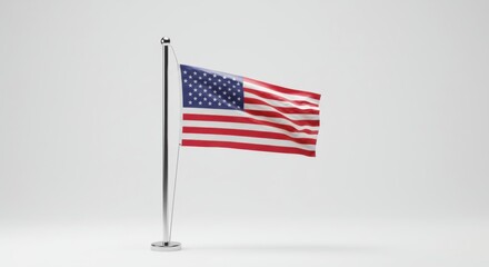 Fototapeta premium American Flag Waving on Pole Against Neutral Background Representing Patriotism