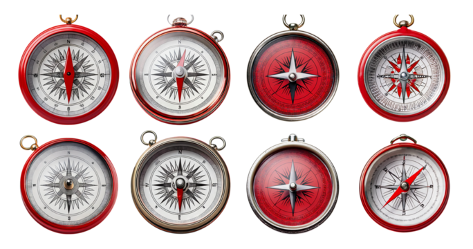 Vintage Compasses Collection with Different Designs and Colors, PNG bundle collection, Isolated on Transparent Background