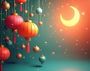 Obraz premium Vibrant 3D Eid Lanterns with Crescent Moon – Festive Islamic Background Illustration 