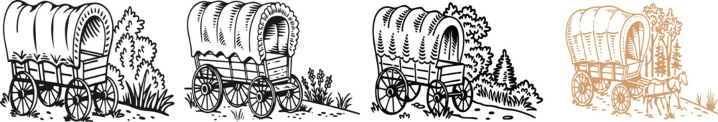 Fototapeta premium set of Covered wagon vector, engraving sketch ink poster black illustration etching style tattoo, color blobs logo Wagon, Old, color line, Transport, Covered, Carriage, Horse, Wheel, Vintage plants