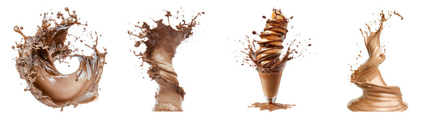 Dynamic Swirls and Splashes of Liquid Chocolate Isolated on Black, PNG bundle collection, Isolated on Transparent Background