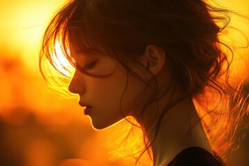 Naklejka premium Silhouette of a Young Woman Against a Vibrant Sunset Background with Warm Light