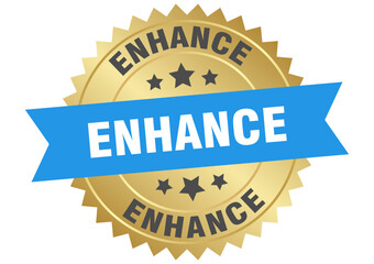 enhance. enhance round blue and gold label isolated on transparent background