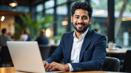 Young Businessman Working on Laptop, confident Business Professional Smiling While Working in Modern Workspace, Business man with laptop, Working man .