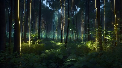 Nature meets AI concept showing an ethereal forest where glowing AI-inspired lines and circuits weave through trees and plants, with fireflies made of light hovering in the air, blending technology an