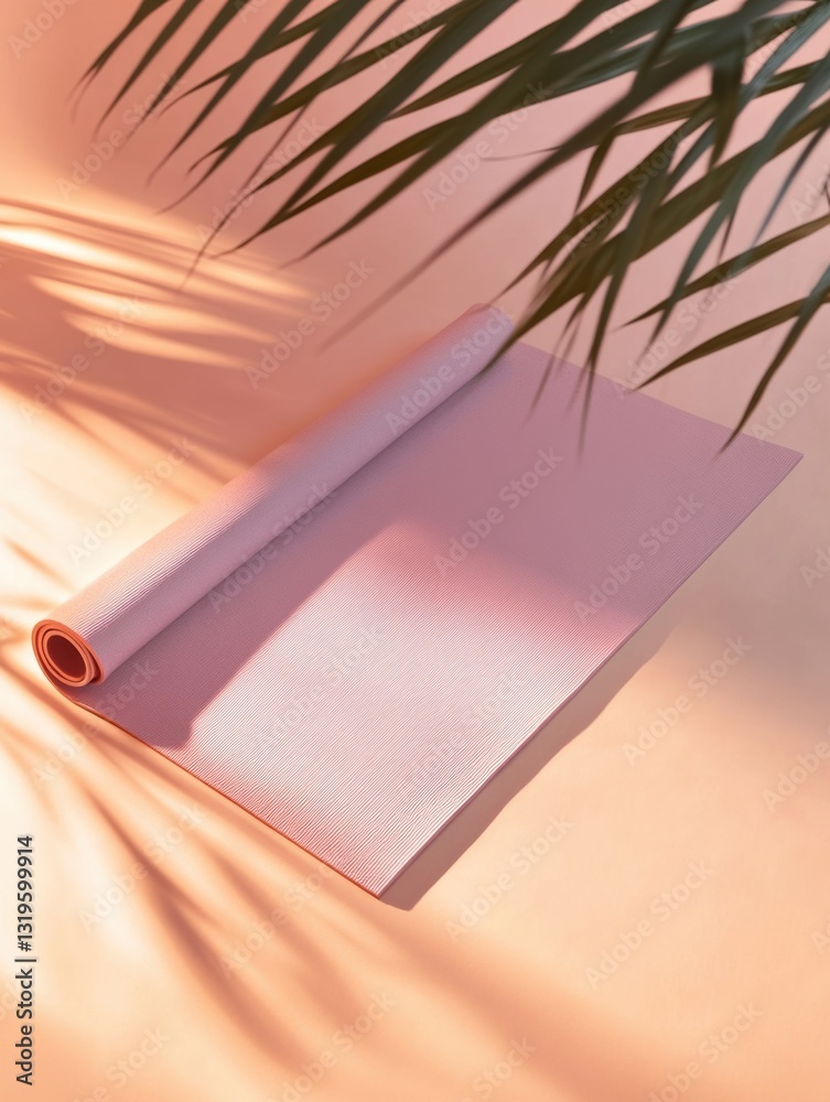 Poster Minimalistic yoga mat on a light surface amidst gentle shadows and soft tones in a serene environment