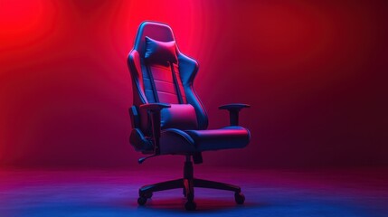 A sleek, crimson and azure gaming chair, its form accentuated by a vibrant gradient backdrop that shifts and flows with the rhythm of the screen, promising hours of immersion in the digital realm.