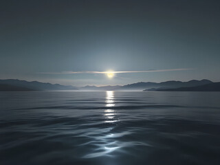 Fototapeta premium sole a tramonto su di un mare calmo e pacifico, montagne sullo sfondo, Setting sun on a calm and peaceful sea, mountains in the background