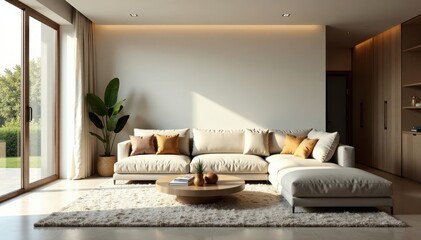 Spacious living room, L-shaped sofa, functional layout , neutral colors, armchair
