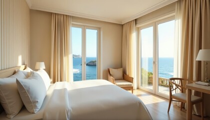 Fototapeta premium Striped beige walls, light wood furnishings, open French windows, stunning sea view Minimalist double hotel room , light, suite, sky