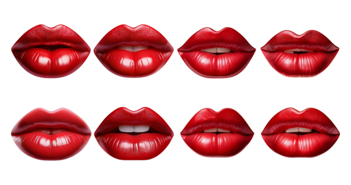 Different Expressions of Glossy Red Lips in Various Poses, Bundle Set Collection, Isolated on Transparent Background