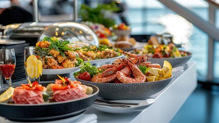 Fototapeta premium Luxury cruises comfort dining experience. Buffet spread featuring seafood, salads, and various dishes.