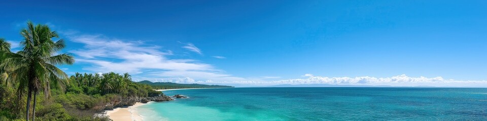 A beautiful blue ocean with palm trees in the background. The sky is clear and the sun is shining brightly