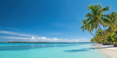 Fototapeta premium A beautiful beach with palm trees and a clear blue sky. The beach is calm and peaceful, with the water reflecting the sky and the palm trees providing a sense of tranquility